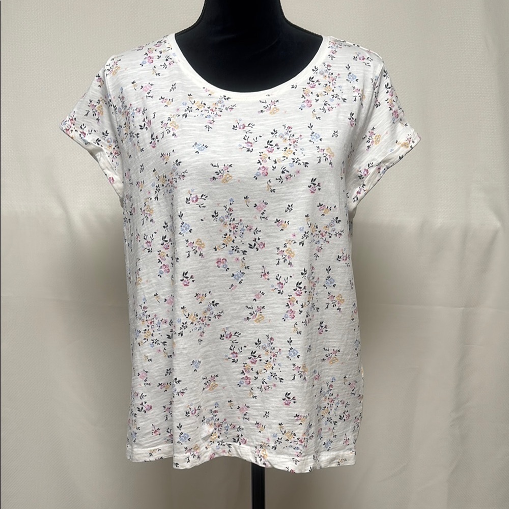 EDC White and Pink Flowered Cap Sleeve Relaxed Tee
